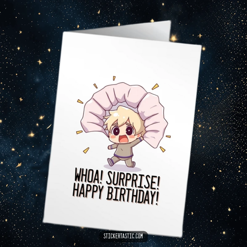 Funny free printable birthday card featuring a shocked character stumbling backward from a giant unfurling sticker.