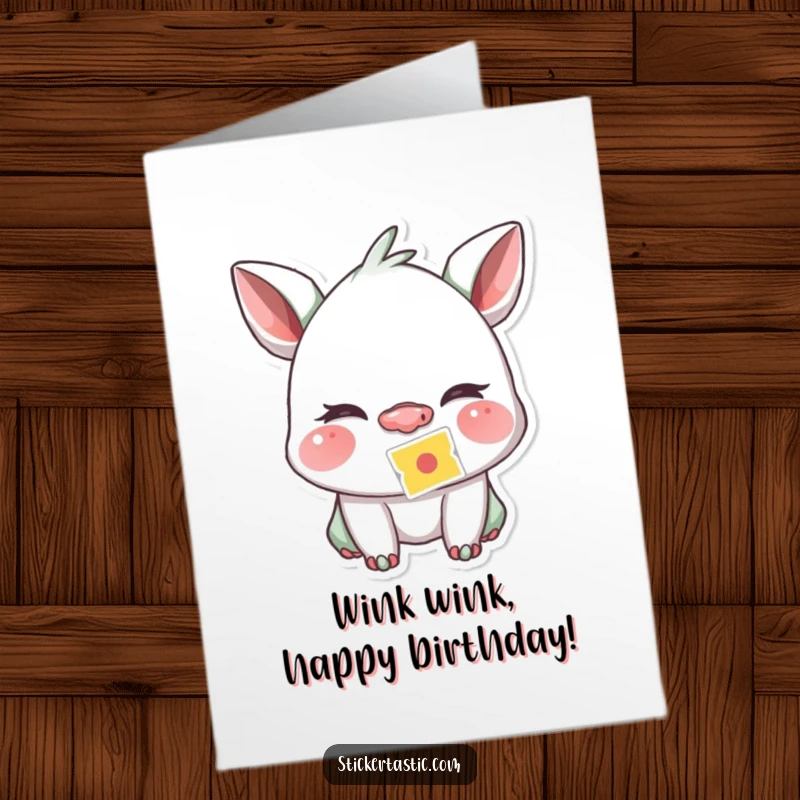 Funny Free Printable Birthday Card: A creature winks playfully, a sticker adorably stuck to its nose, exuding mischievous charm.