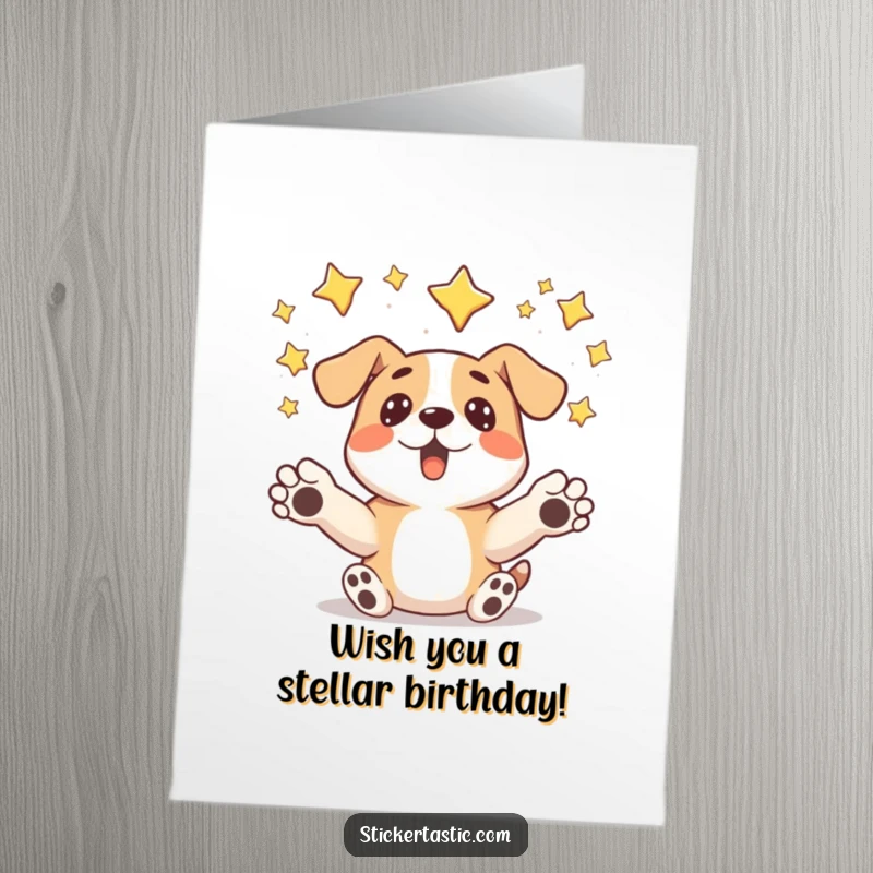 Funny free printable birthday card showing a surprised dog with outstretched paws catching falling stars, a magical downloadable greeting.