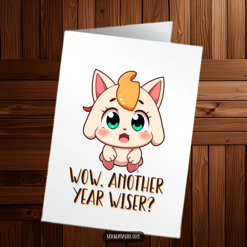 Funny Free Printable Birthday Card: Wide-eyed character with amazed expression catches a falling sticker, celebrating your special day.