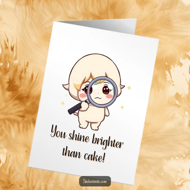 Funny Free Printable Birthday Card: A curious character examining a tiny sparkle with a magnifying glass.