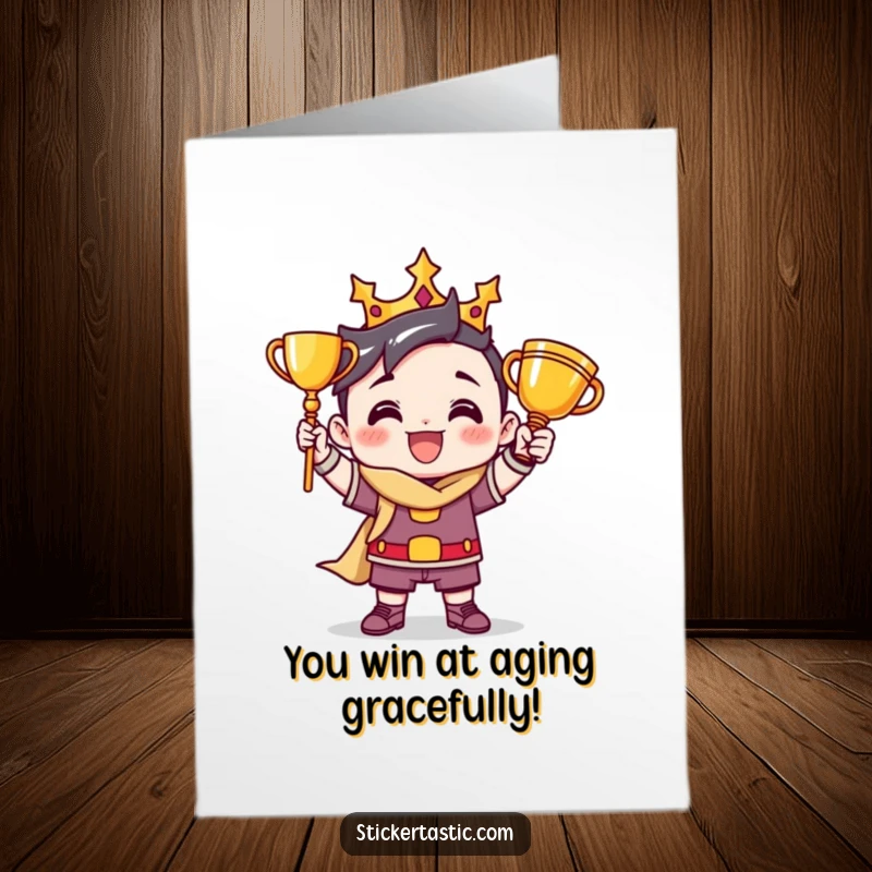 Funny Free Printable Birthday Card: A victorious character striking a pose with a golden trophy, celebrating a birthday win.
