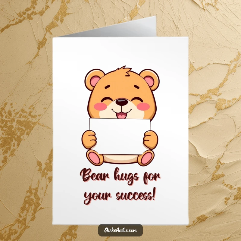 Funny Free Printable Congratulations Card: Mischievous bear with a grin, presenting a blank sticker, a unique downloadable gift.