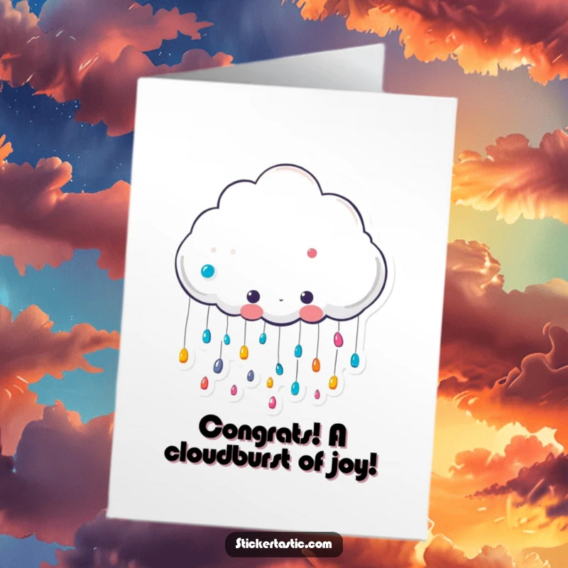Funny Free Printable Cloud Congratulations card featuring a cute cloud raining colorful stickers, great for DIY gifts.