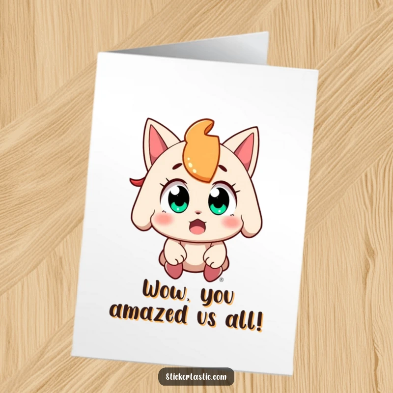 Funny Free Printable Congratulations Card: A character with eyes wide in amazement catches a sticker as it falls.
