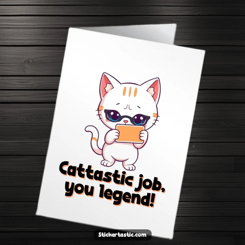 Funny Free Printable Congrats Card: A chic cat striking a confident pose near a cool sticker, celebrating success.