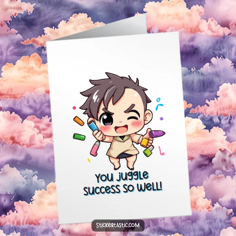 Funny Free Printable Congratulations Card: A determined character playfully juggling colorful markers, celebrating a successful accomplishment.