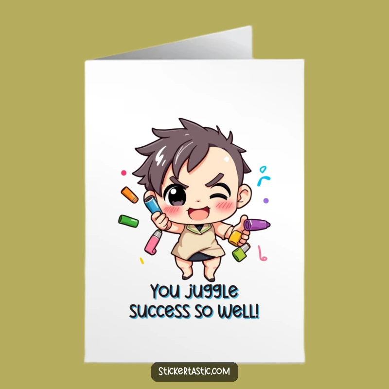 Free Printable Congrats Card: Determined Marker Juggling Character Celebrating Success