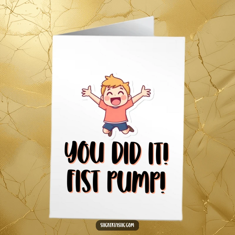 Funny Free Printable Congratulations Card: An energetic cartoon character joyfully leaping with outstretched arms for a big win.