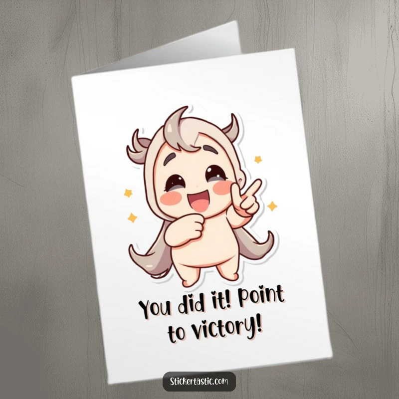 Funny Free Printable Congrats Card: A character excitedly pointing at a dynamic animated sticker, celebrating success.