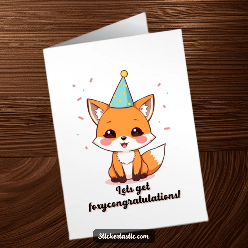 Funny Free Printable Congratulations Card: Delighted fox wearing a party hat, showered in confetti, celebrating success.