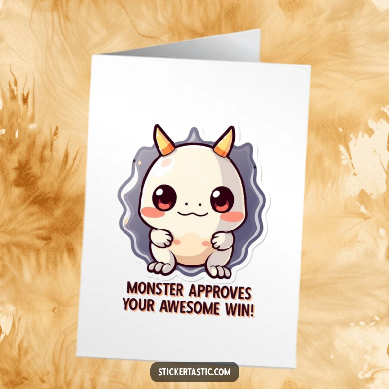 Funny Free Printable Congrats Card: Adorable monster peeking out from behind a massive shiny sticker, conveying congratulations.