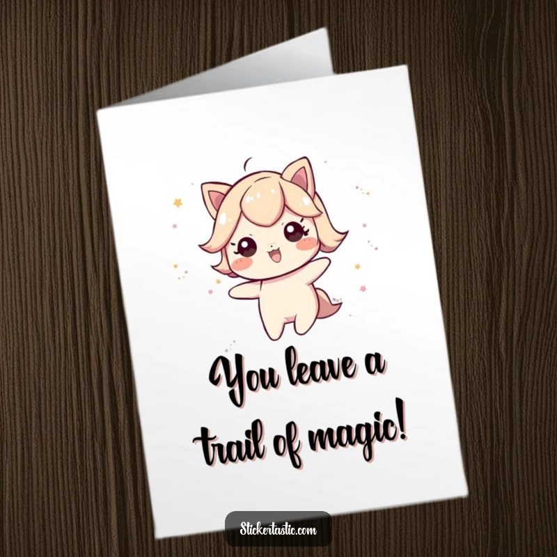 Funny Free Printable Congratulations Card: A playful character leaves a trail of glittery dust, celebrating a magical accomplishment.