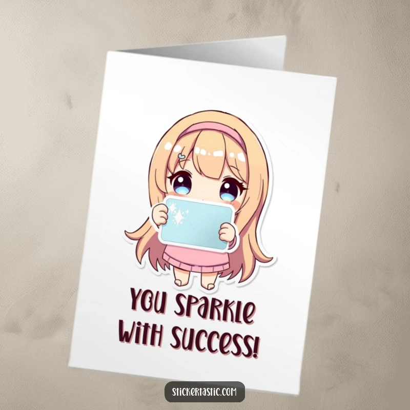 Free Printable Congratulations Card: Character gleefully holds a shiny, sparkling sticker, perfect for a DIY gift.