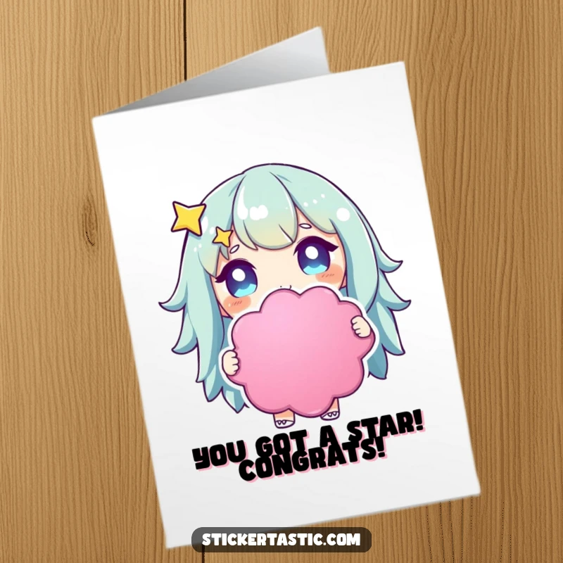 Funny Free Printable Congratulations Card: A character gazes with starry eyes, clutching a giant, vibrant sticker.
