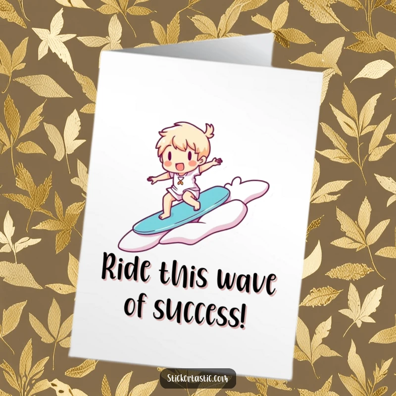 Funny Free Printable Congratulations Card: A happy character surfs a huge floating sticker, symbolizing riding the wave of an amazing achievement.