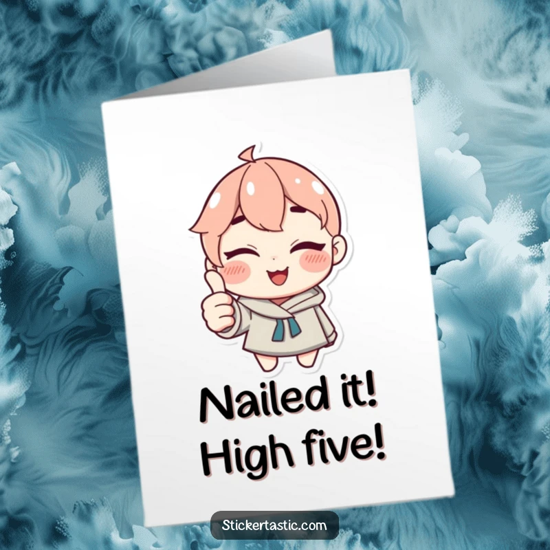 Funny Free Printable Congrats Card: Winking character gives thumbs up with sticker, celebrating wins with downloadable cheer.