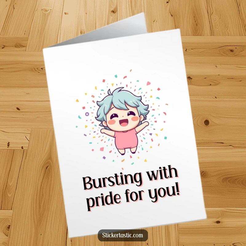 Funny Free Printable Congratulations Card: A character joyfully bursting out of a colorful confetti explosion.