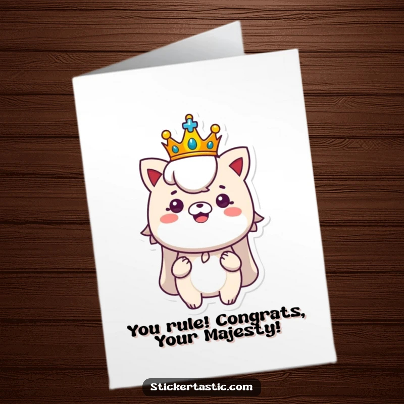 Funny Free Printable Congratulations Card: a character with a tiny crown proudly shows off a shiny new sticker.