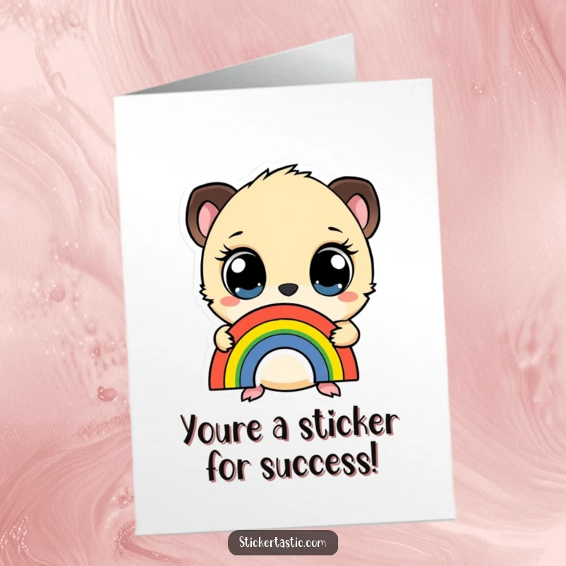Funny Free Printable Rainbow Sticker Congratulations Card: A small creature with wide eyes, holding a rainbow sticker to celebrate success.