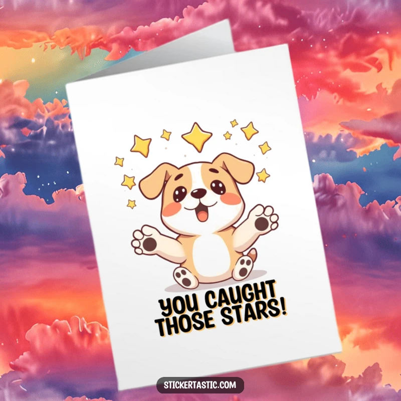 Funny free printable congratulations card with a surprised dog catching falling stars, a delightful downloadable for any win.