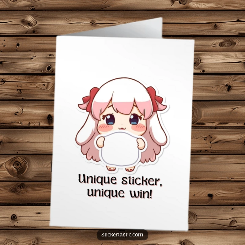 Free printable congratulations card: a character with rosy cheeks proudly displays a unique sticker, a funny and proud gift.