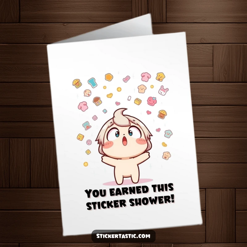 Free printable congratulations card showing a surprised character receiving a delightful sticker shower, a humorous downloadable gift.