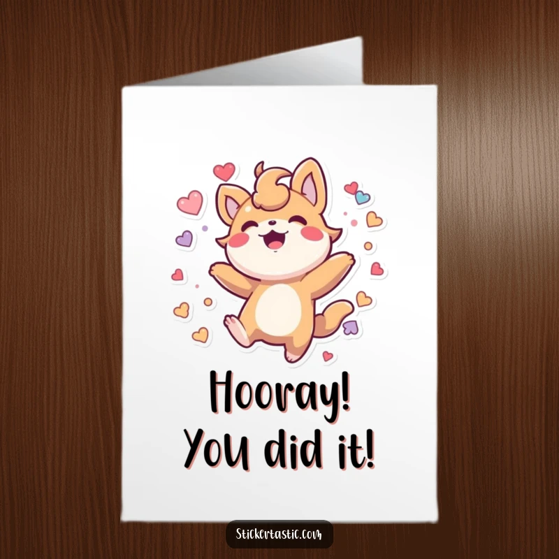 Free Printable Congratulations Card: Energetic creature leaps with glee surrounded by colorful stickers, a great DIY gift.