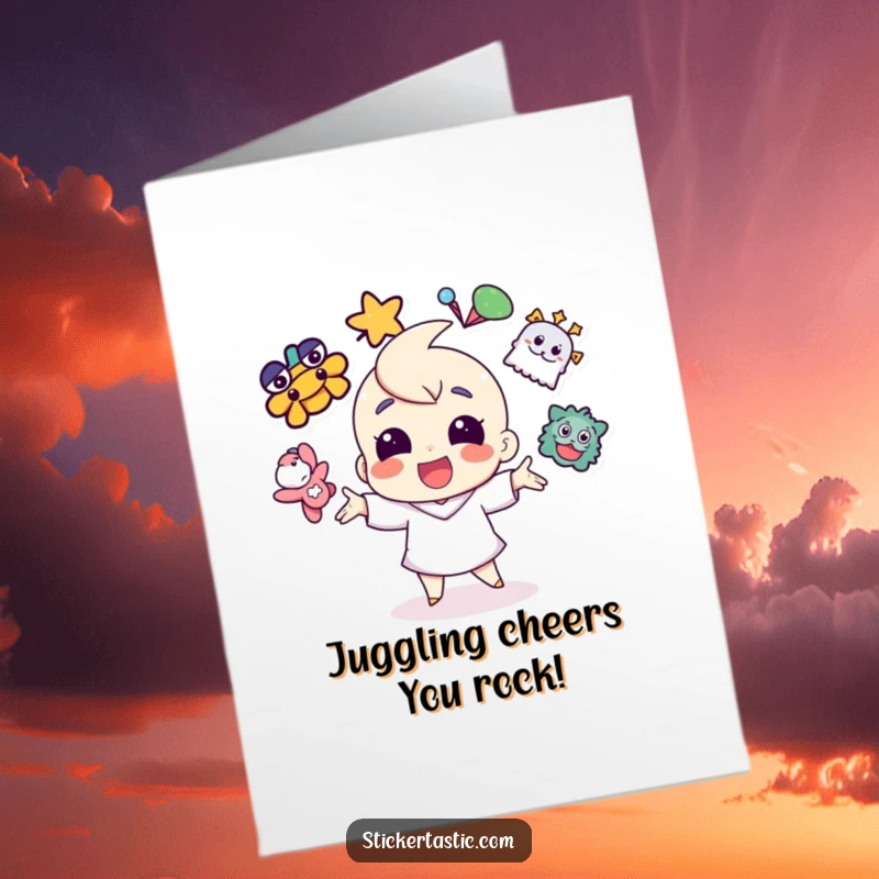 Funny Free Printable Congratulations Card: A happy character juggling bright stickers, symbolizing a successful and multi-talented feat.