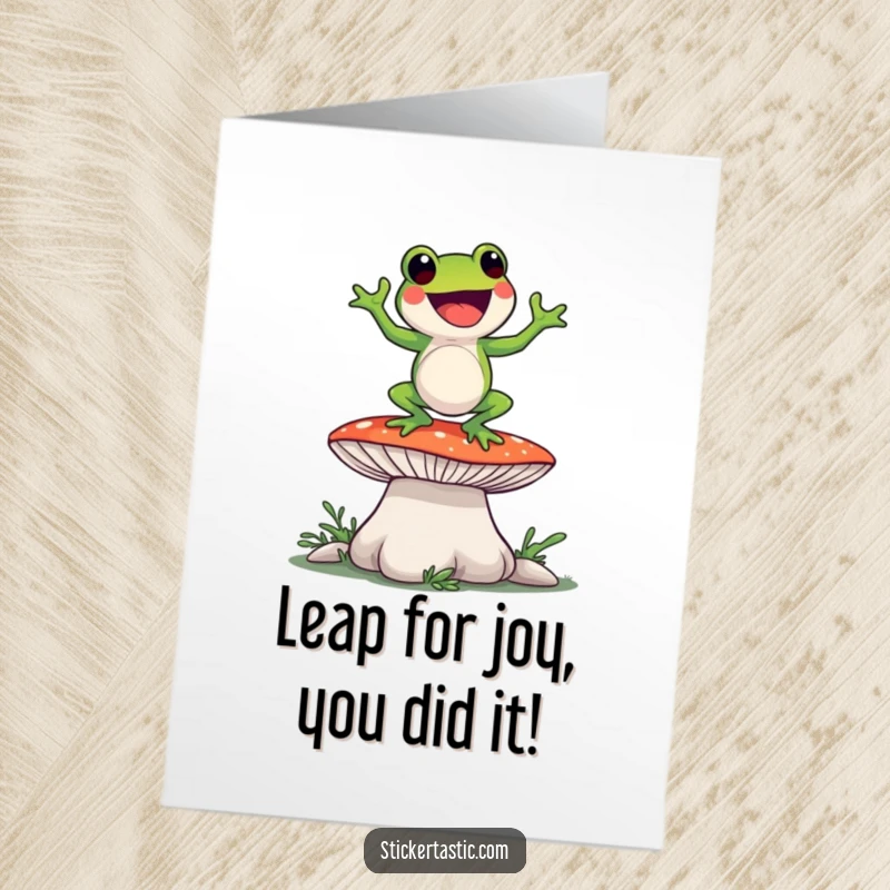 Free printable congratulations card: A happy green frog character performing a funny dance atop a giant, vibrant mushroom.