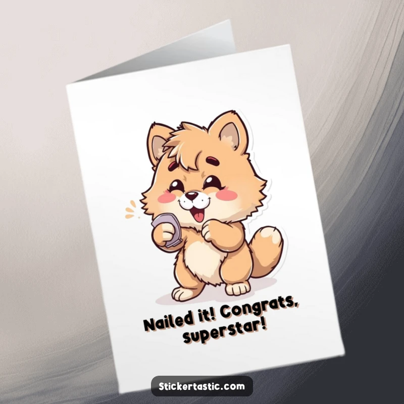 Funny Free Printable Congratulations Card: Furry character triumphantly slaps a sticker, symbolizing a job well done and pure excitement.