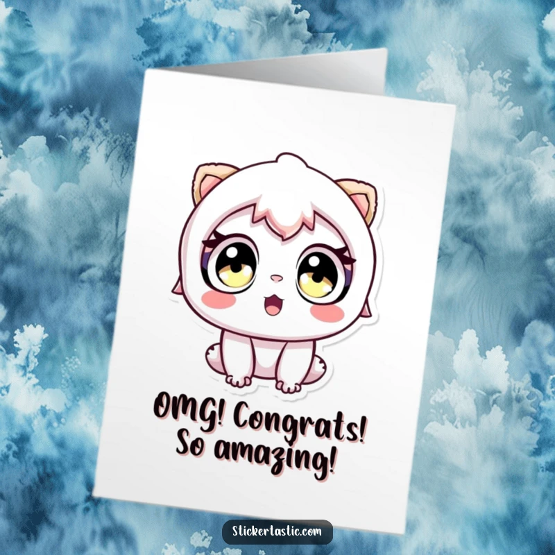 Funny Free Printable Congrats Card: Character’s wide eyes showing pure awe while looking at a sticker.