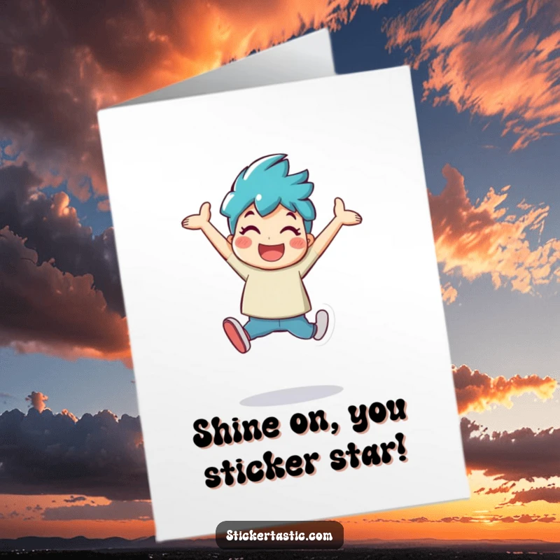 Funny Free Printable Congratulations Card: A cheerful character gleefully leaps with a large, shiny sticker, symbolizing a fantastic accomplishment.