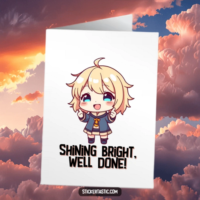 Funny Free Printable Congrats Card: Happy character proudly shows off shiny new sticker, celebrating wins with downloadable delight.