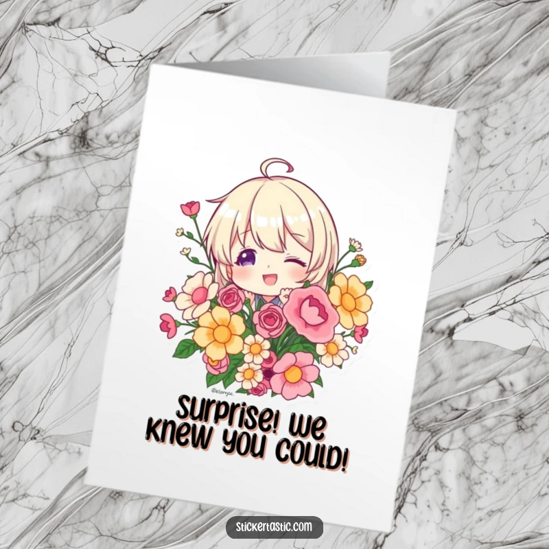 Funny Free Printable Congratulations Card: A character playfully peeks from behind a delightful arrangement of various stickers.