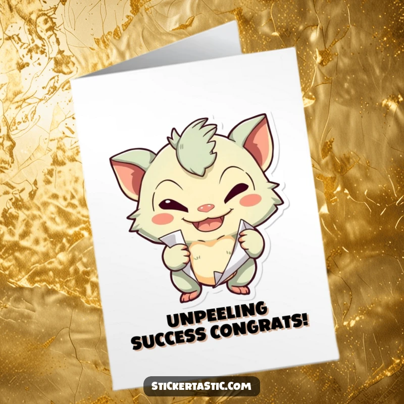 Funny Free Printable Congratulations Card: A creature with a naughty grin, peeling a sticker, suggesting a fun prank to celebrate.