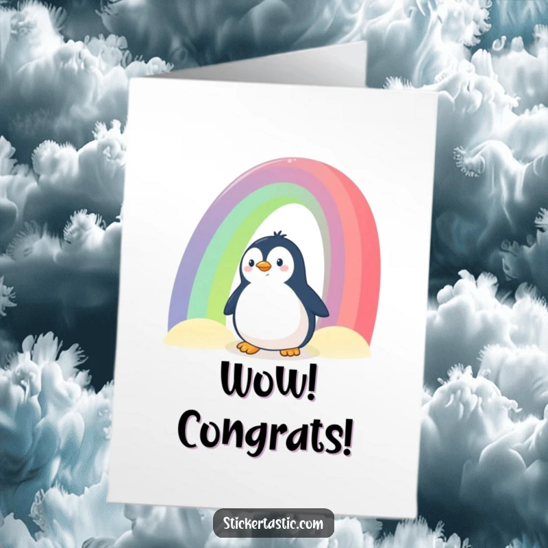 Funny Free Printable Congratulations Card: Penguin peeking from behind a rainbow, celebrating victory.