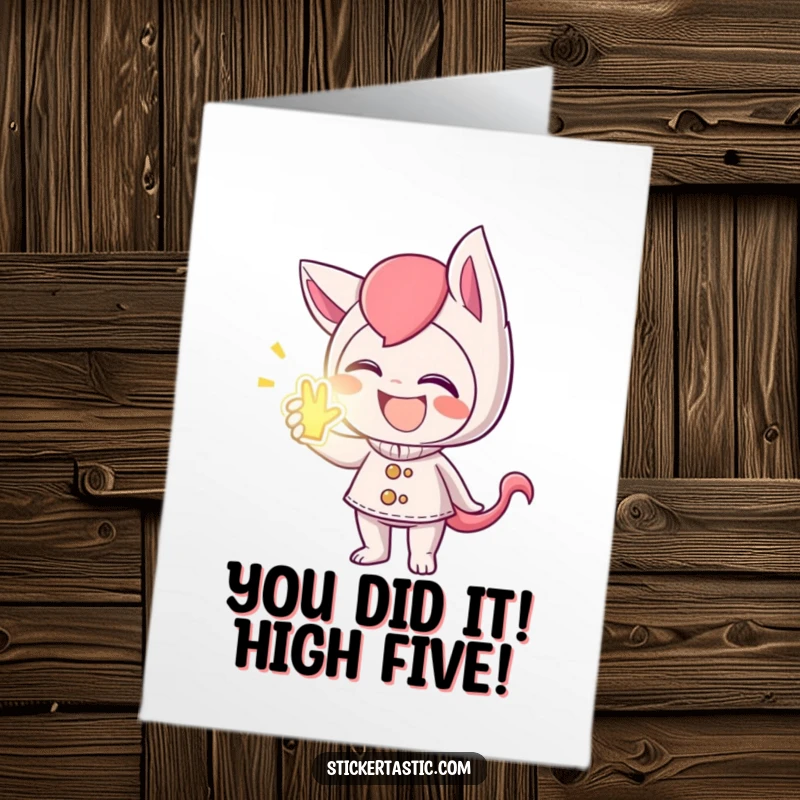 Funny Free Printable Congratulations Card: Mischievous character giggling, handing out a glowing sticker, perfect for a humorous downloadable gift.