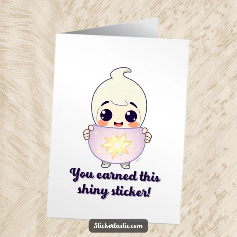 Funny Free Printable Congratulations Card: A grinning character happily presenting a huge, sparkling sticker to celebrate.