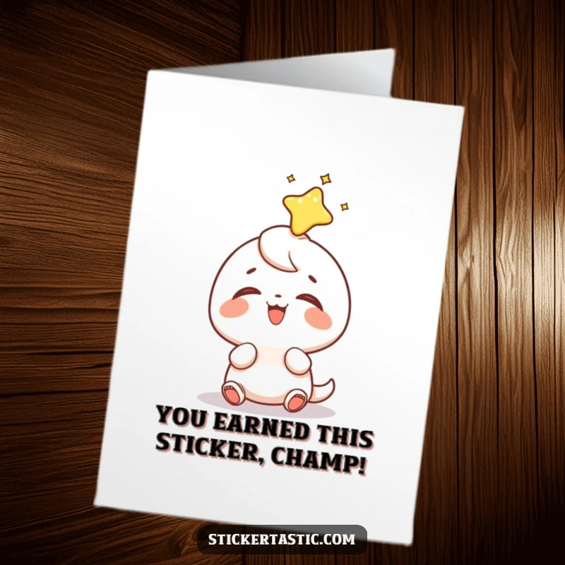 Funny Free Printable Congratulations Card with a small character overcome with glee as a sticker lands on its head.