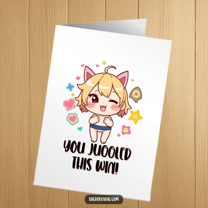 Funny Free Printable Congratulations Card: A quirky character winks while expertly juggling colorful stickers, celebrating your fantastic achievement.