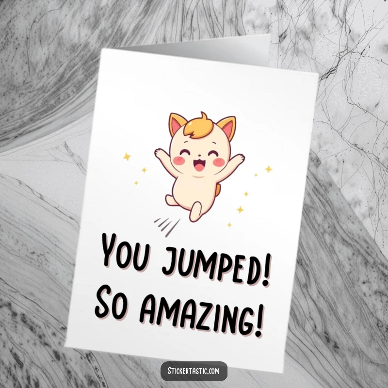 Funny Free Printable Congratulations Card: A character gleefully leaps, creating a trail of shimmering sparkles.