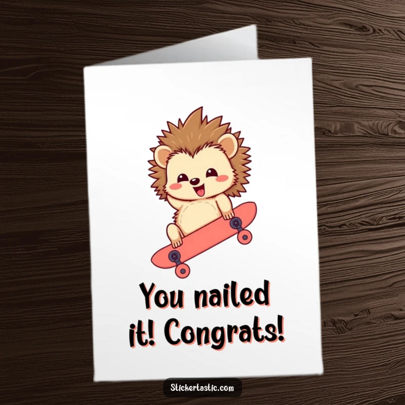 Funny Free Printable Congratulations Card: Hedgehog upside down on a skateboard, celebrating success with flair.