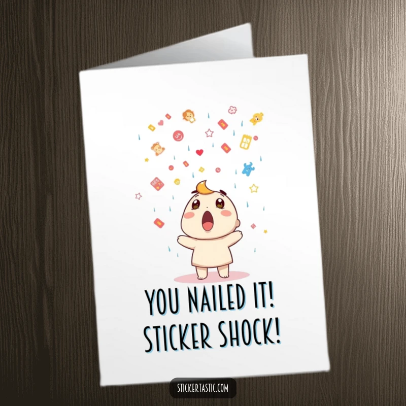 Funny Free Printable Congrats Card: Surprised character looks up as stickers rain down, downloadable happy surprise.