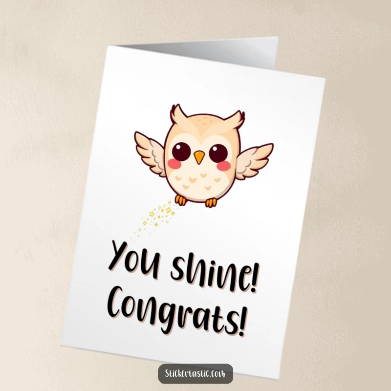 Funny Free Printable Congratulations Card: Owl flying with a glitter trail, celebrating success joyfully.