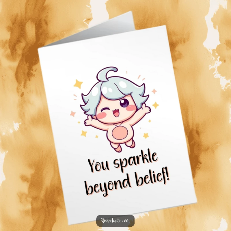 Funny Free Printable Congratulations Card: A happy character joyfully bouncing with excitement, surrounded by celebratory sparkles.