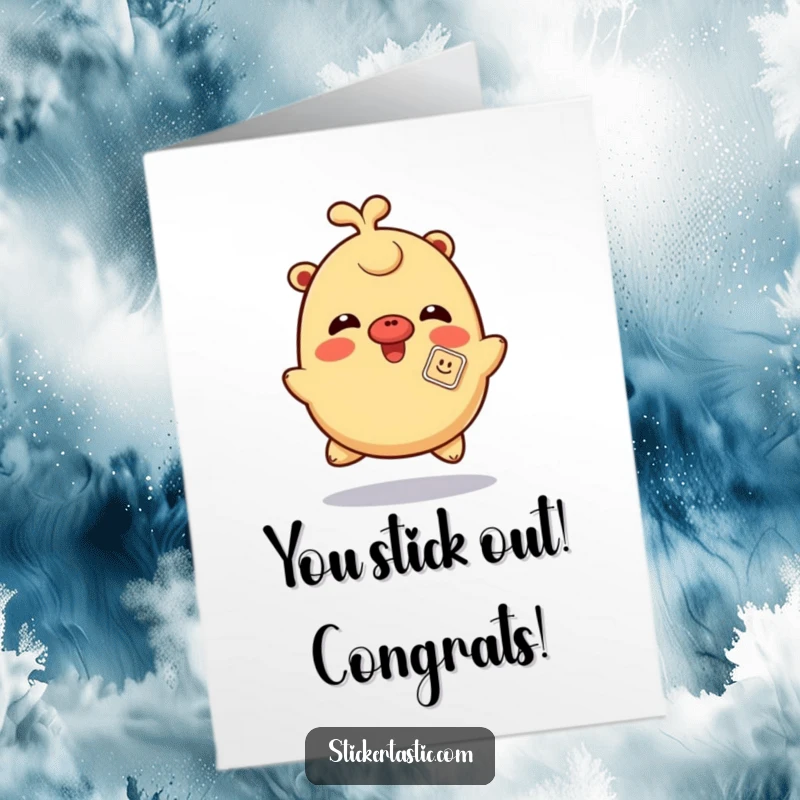 Funny Free Printable Congratulations Card: a giggling character spins around with a sticker playfully stuck on its nose.