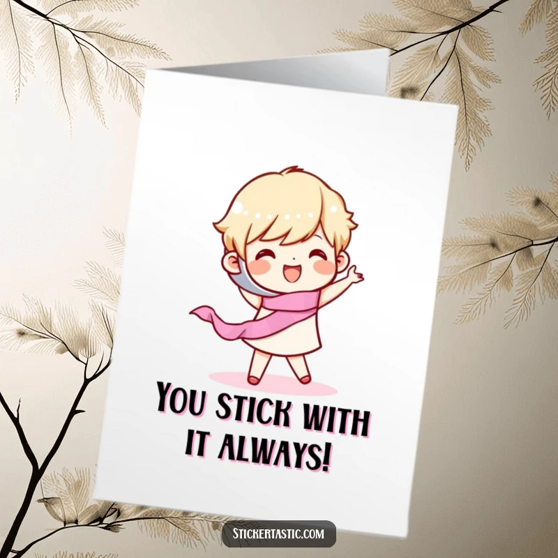 Funny Free Printable Congratulations Card: A happy character doing a celebratory dance with a roll of tape, beaming with joy.