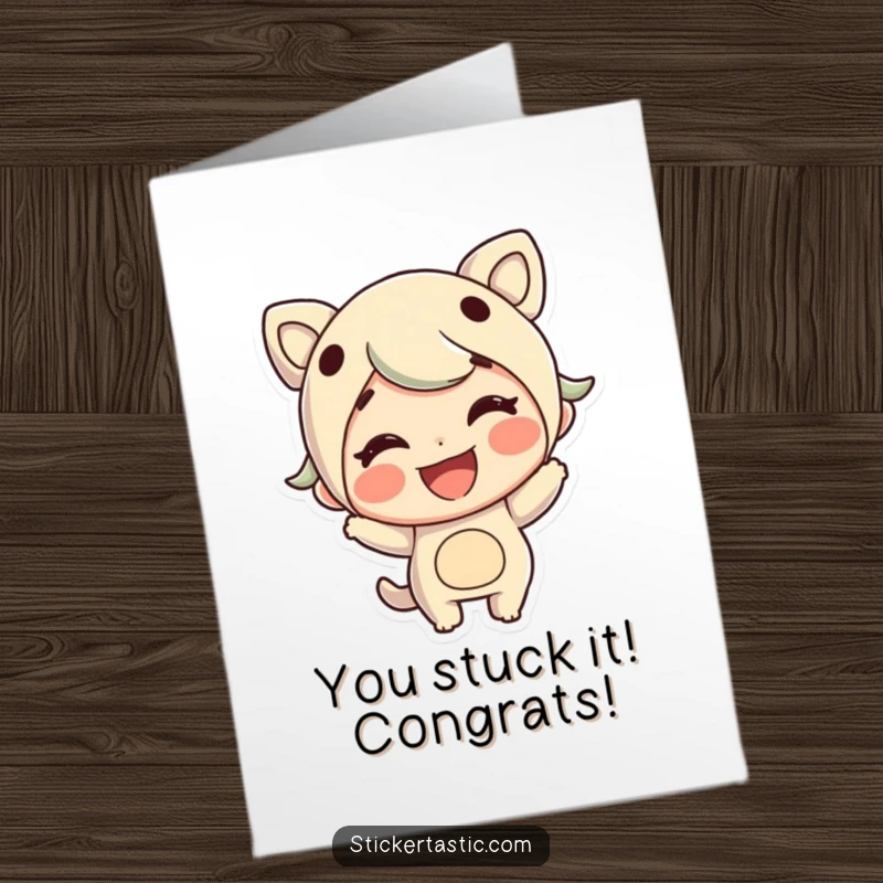 Funny Free Printable Congrats Card: A grinning character happily sticks a large sticker, symbolizing accomplishment and celebration.