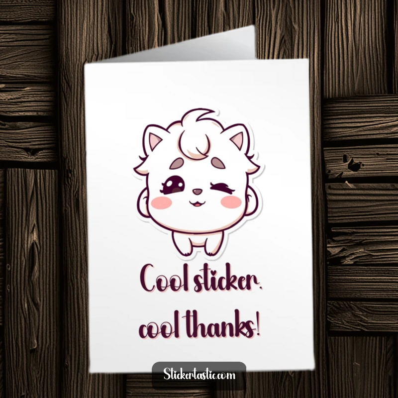 Funny free printable thank you card: character wiggles eyebrows under a cool sticker, a playful appreciation gift.